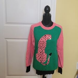 OXknit sweater pink cheetah leopard wild cat size large 100% cotton long sleeve